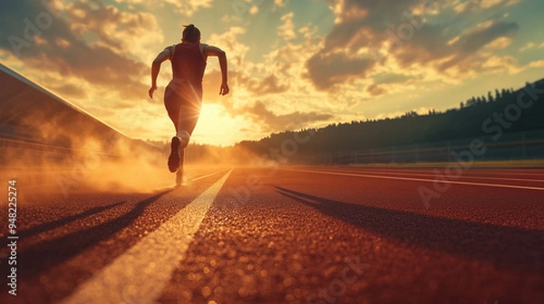 Fototapeta A determined athlete in mid-sprint on a track, sweat glistening under the intense sunlight, with the finish line visible in the distance, representing the culmination of hard work and dedication