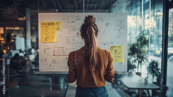 Fototapeta A young entrepreneur sketching ideas on a whiteboard in a modern office, surrounded by prototypes and innovative tools, representing the creativity and hard work that drive business success