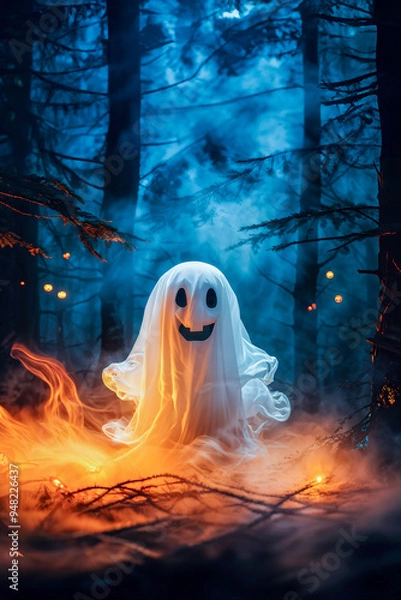Fototapeta a funny halloween ghost in the forest at night with red and blue light