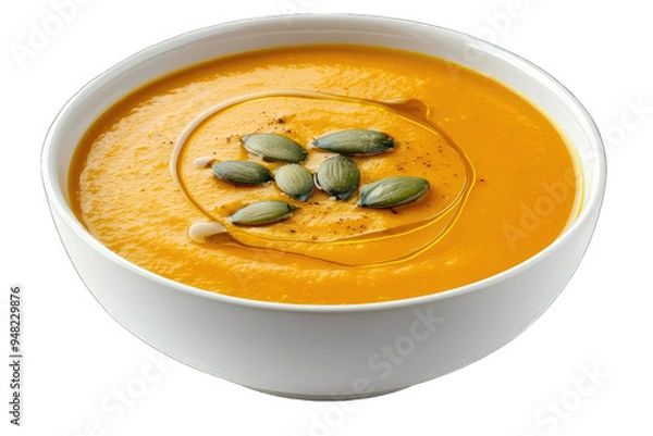 Obraz Delicious pumpkin soup garnished with seeds and a drizzle of olive oil, perfect for comfort food lovers and autumn recipes.