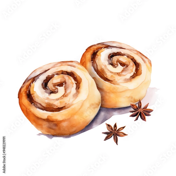 Fototapeta Illustration of two delicious cinnamon rolls with star anise spices on the side, perfect for baking and pastry designs.