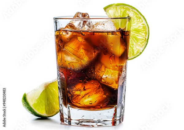 Fototapeta Old fashioned cocktail drink rum or whiskey with cola with lime on white background. Alcoholic drinks.