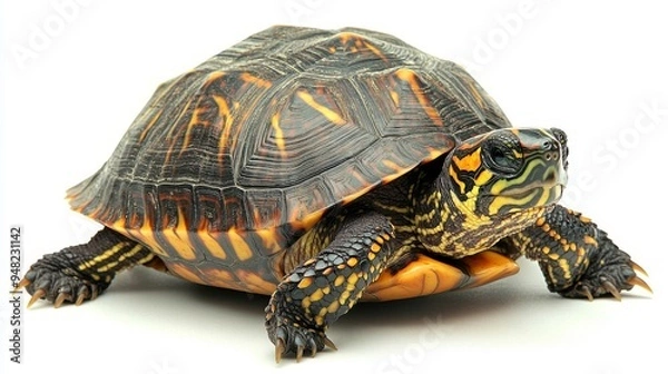 Fototapeta As a turtle swims in a river, its shell with distinct patterns stands out against a light background