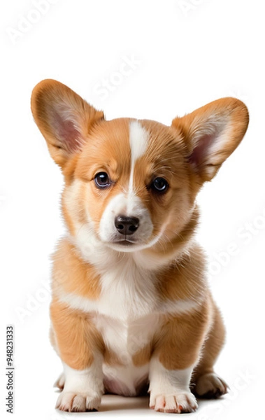 Fototapeta An adorable Pembroke Welsh Corgi puppy sitting and looking at the camera. Its big ears and fluffy coat make it irresistibly cute. Isolated on white background, perfect for pet-related projects, websit