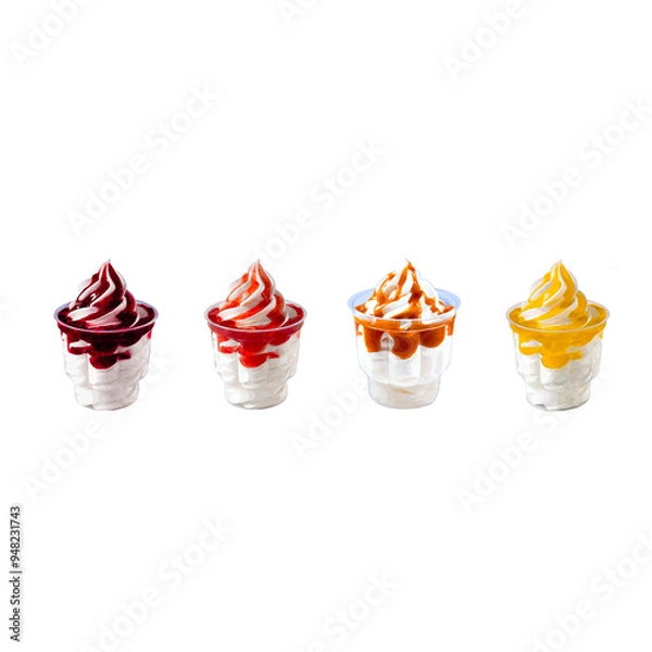 Fototapeta Ice cream set white plombir blueberry strawberry caramel pineapple topping filling yummy food cooling dessert bar cafe product object isolated png illustration 