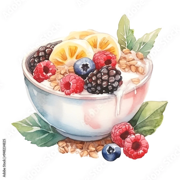 Obraz Colorful watercolor painting of a healthy breakfast bowl with fresh berries, yogurt, and granola. Perfect for food and nutrition themes.