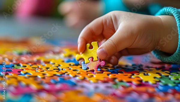 Fototapeta A close-up of a child's hand placing a colorful puzzle piece on a vibrant puzzle, promoting creativity and problem-solving.