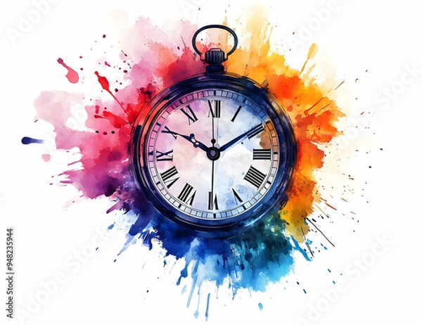 Fototapeta A vibrant watercolor painting of a clock surrounded by colorful splashes, symbolizing the passage of time and creativity.