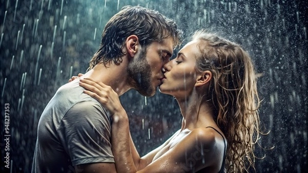 Obraz side view of couple kissing under rain, love and romantic vibe