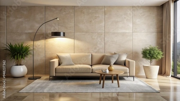 Fototapeta Sleek modern living room features a plush beige sofa, stone floor lamp, and minimalist decor, exuding calmness and sophistication in a serene neutral-toned space.