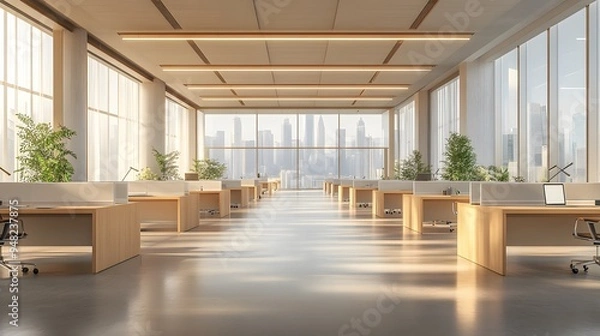 Fototapeta Bright open-plan office space, rows of empty cubicles, light wood desks, adjustable task lamps, wire management systems, acoustic panels, floor-to-ceiling windows.