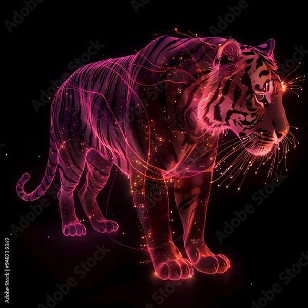 Obraz A pink gold glow tiger silhouette in a nightscape, bold outline, energy-charged luminous pointillism, wireframe, tenebrism mastery style, UHD 8k, Unreal Engine 5 on black background