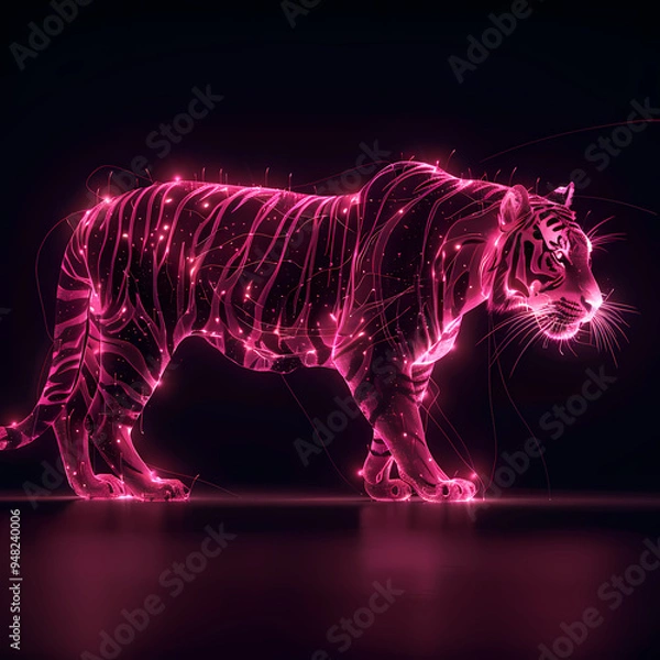 Obraz A pink gold glow tiger silhouette in a nightscape, bold outline, energy-charged luminous pointillism, wireframe, tenebrism mastery style, UHD 8k, Unreal Engine 5 on black background