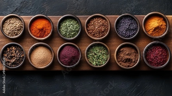 Fototapeta A vibrant collection of various spices arranged in bowls, showcasing rich colors and textures for culinary inspiration.