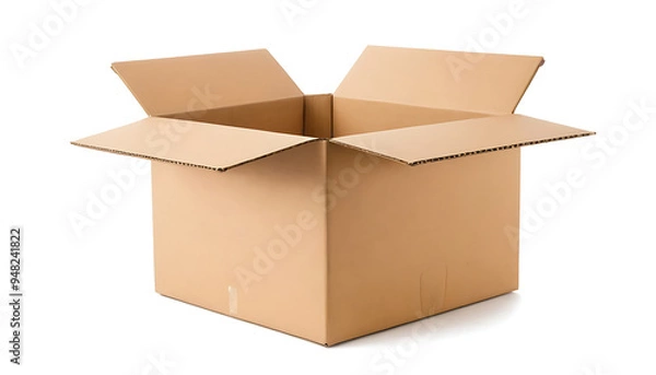 Fototapeta  An open empty cardboard box isolated on a white background. Ideal for shipping, packaging, moving, or storage-related concepts.