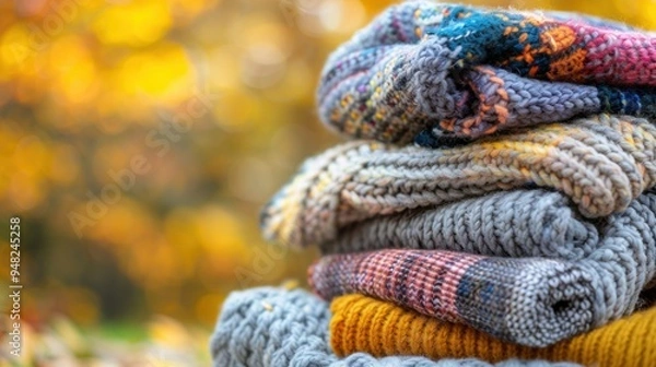 Fototapeta A close-up of a stack of cozy knitted sweaters in various colors and patterns, with a warm, blurred autumn background.