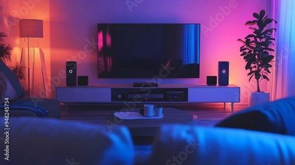 Fototapeta Sophisticated Smart Home Theater Setup with Seamless IoT for Effortless Entertainment and Comfort Control