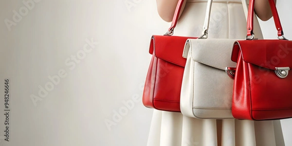 Fototapeta Close-up of a woman holding two red handbags and a white one, showcasing fashion accessories against a neutral backdrop, banner with copy space