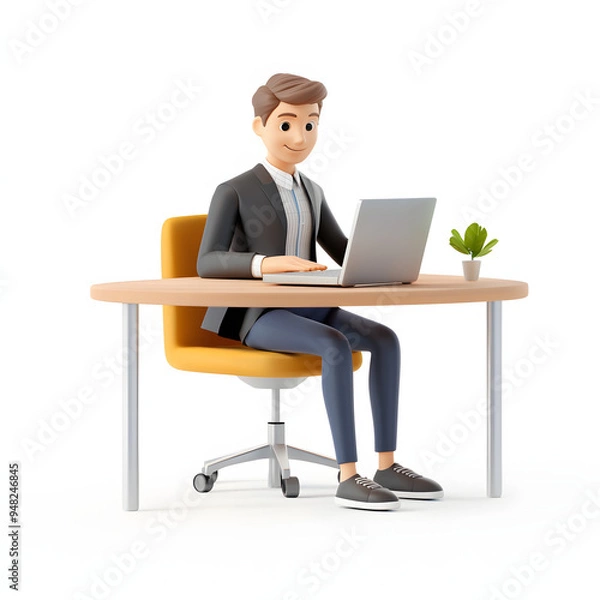 Fototapeta A 3D cartoon man manager in a suit is sitting at a desk, working on a laptop computer, against a white background,clipart graphic illustration.