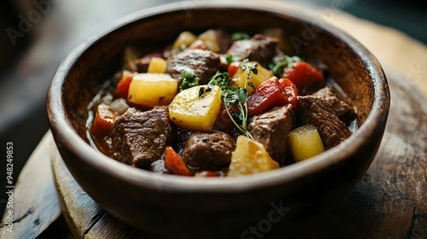 Fototapeta Hearty Beef and Vegetable Stew in Rustic Wooden Bowl on Rustic Table