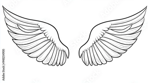 Fototapeta A pair of symmetrical angel wings drawn in black outline on a white background.
