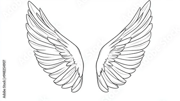 Fototapeta A simple line drawing of a pair of angel wings, isolated on a white background.