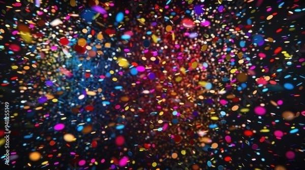 Obraz A vibrant explosion of colorful confetti in motion, creating a dynamic and festive atmosphere on a dark background.
