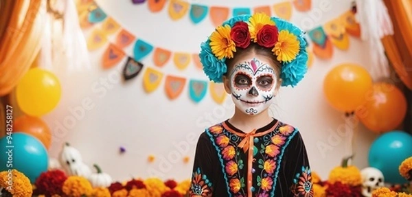 Fototapeta a girl in a halloween costume with a skull and flowers on her head.