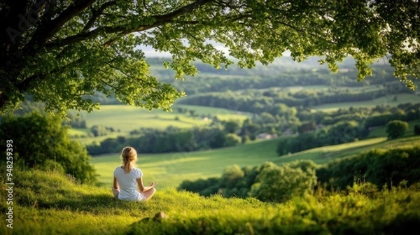 Fototapeta A young woman sits cross-legged on green grass, meditating peacefully under a tree as morning sunlight filters through the leaves, creating a serene atmosphere
