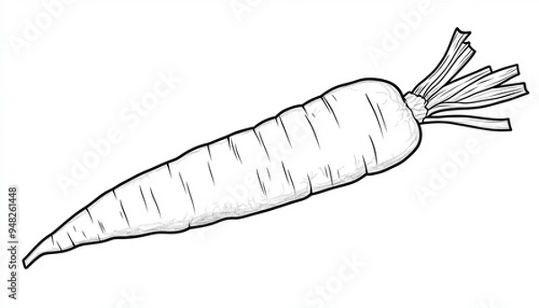 Fototapeta Line art illustration of a single carrot with a green leafy top on a white background.