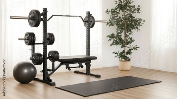 Fototapeta A bright white room features various gym equipment like a fitness machine, exercise ball, and yoga mat laid out, providing an ideal space for indoor workouts and exercise routines