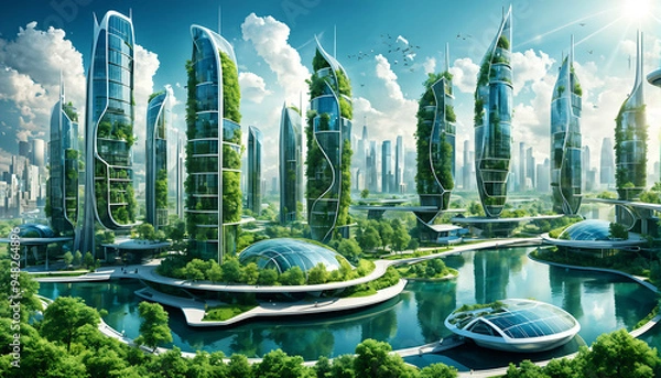 Fototapeta City of the future. Nature is harmoniously combined with technological buildings and ecological sources of energy.