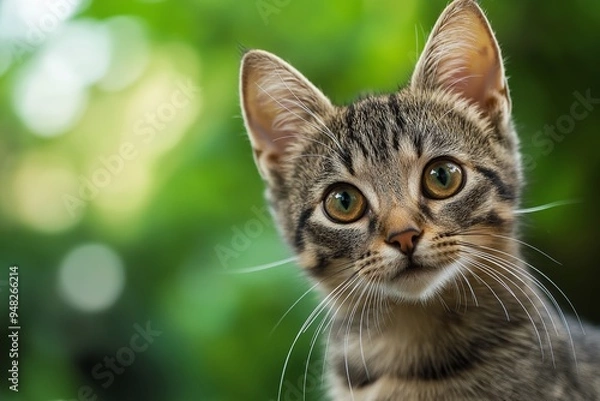 Fototapeta A close-up photograph of a curious cat with brown fur, against a blurry green background, looking forward.