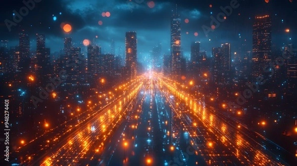 Fototapeta A technologically advanced urban landscape at night, featuring illuminated skyscrapers and street lights, reflecting a modern, high-tech cityscape.