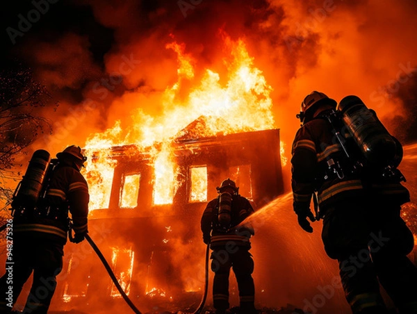 Fototapeta Old building in full flaming inferno, and a firefighter fighting the flames