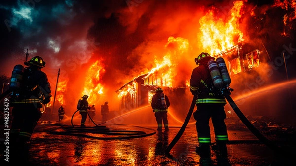 Fototapeta Old building in full flaming inferno, and a firefighter fighting the flames