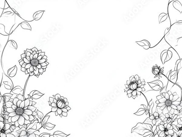 Fototapeta Simple line art floral border design with flowers and vines on a white background.