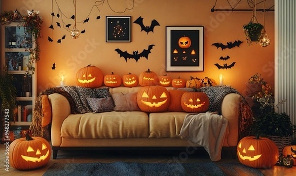 Fototapeta holiday decoration and party concept - home room with jack-o-lanterns or pumpkins on sofa and halloween decorations.