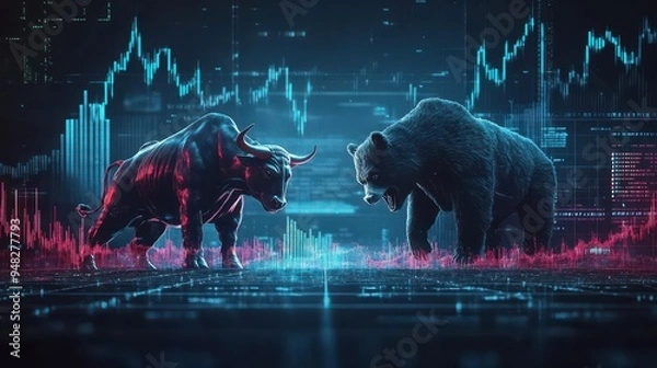 Fototapeta A bull and bear locked in battle on a stock market battlefield, surrounded by graphs of rising and falling interest rates