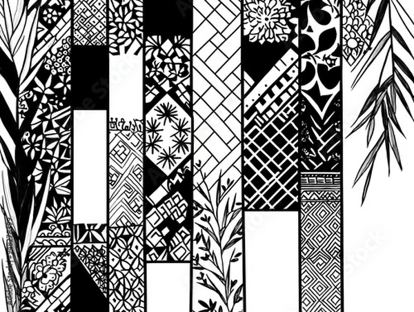 Fototapeta Abstract black and white pattern with geometric shapes and floral motifs.