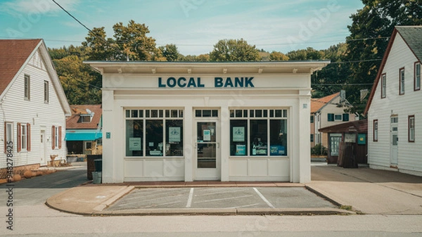 Fototapeta Charming local bank building in a serene neighborhood, featuring a welcoming facade and a spacious parking area.