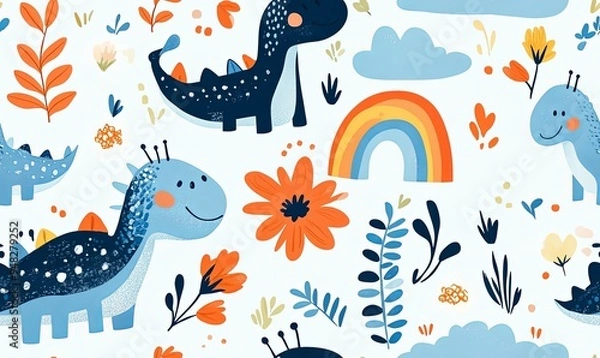 Fototapeta Seamless pattern with cute cartoon dinosaurs, rainbow, clouds and flowers on a white background.
