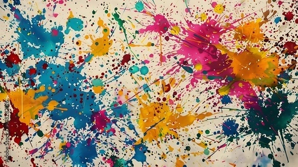 Fototapeta A pristine canvas drenched in vibrant paint splatters, where colors blend and clash, forming an energetic and imaginative abstract scene.