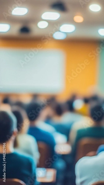 Fototapeta Blurred audience facing bright presentation screen in modern conference hall, capturing the essence of knowledge sharing and professional development.