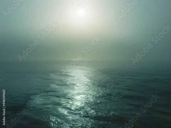 Fototapeta Calm ocean waters reflecting dulled sunlight under a thick layer of fog in the early morning hours