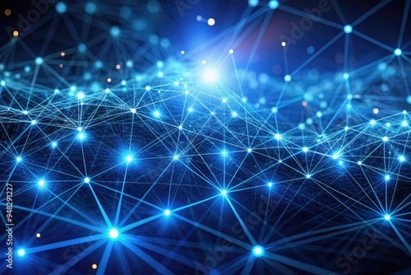 Fototapeta Intricate blue digital network of tiny dots and glowing lines forms a complex technological structure, representing connection, communication, and data exchange in a futuristic space.