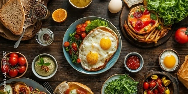 Fototapeta A hearty breakfast layout featuring sunny-side-up eggs, bread slices, vegetables, and various condiments with a rustic touch.