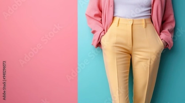 Fototapeta Fashionable outfit featuring yellow pants and a pink jacket, styled against a pastel pink and blue background, showcasing a vibrant and modern look.