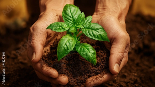 Fototapeta 新芽を守る手のクローズアップ