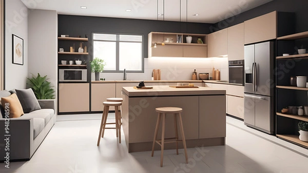 Obraz modern kitchen with sleek appliances, island counter, and minimalistic decor in a contemporary apartment setting